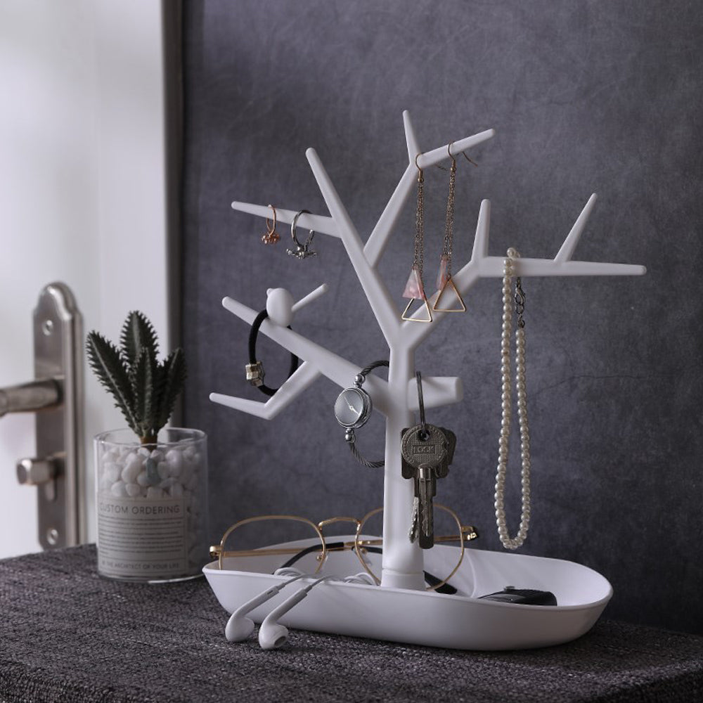 Tree Design Jewelry Display Tower Necklace Earring Bracelet Holder Key Organizer Stand, White (Pack of 1)