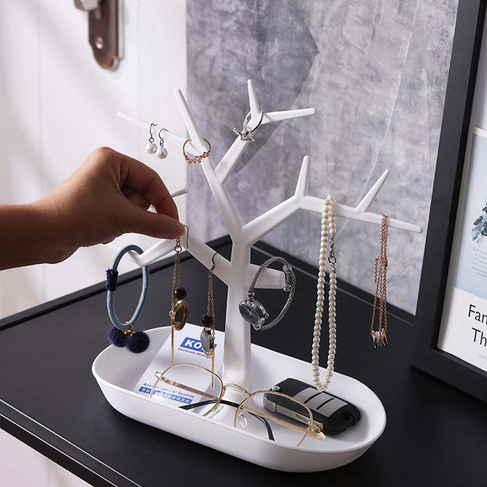 Tree Design Jewelry Display Tower Necklace Earring Bracelet Holder Key Organizer Stand, White (Pack of 1)