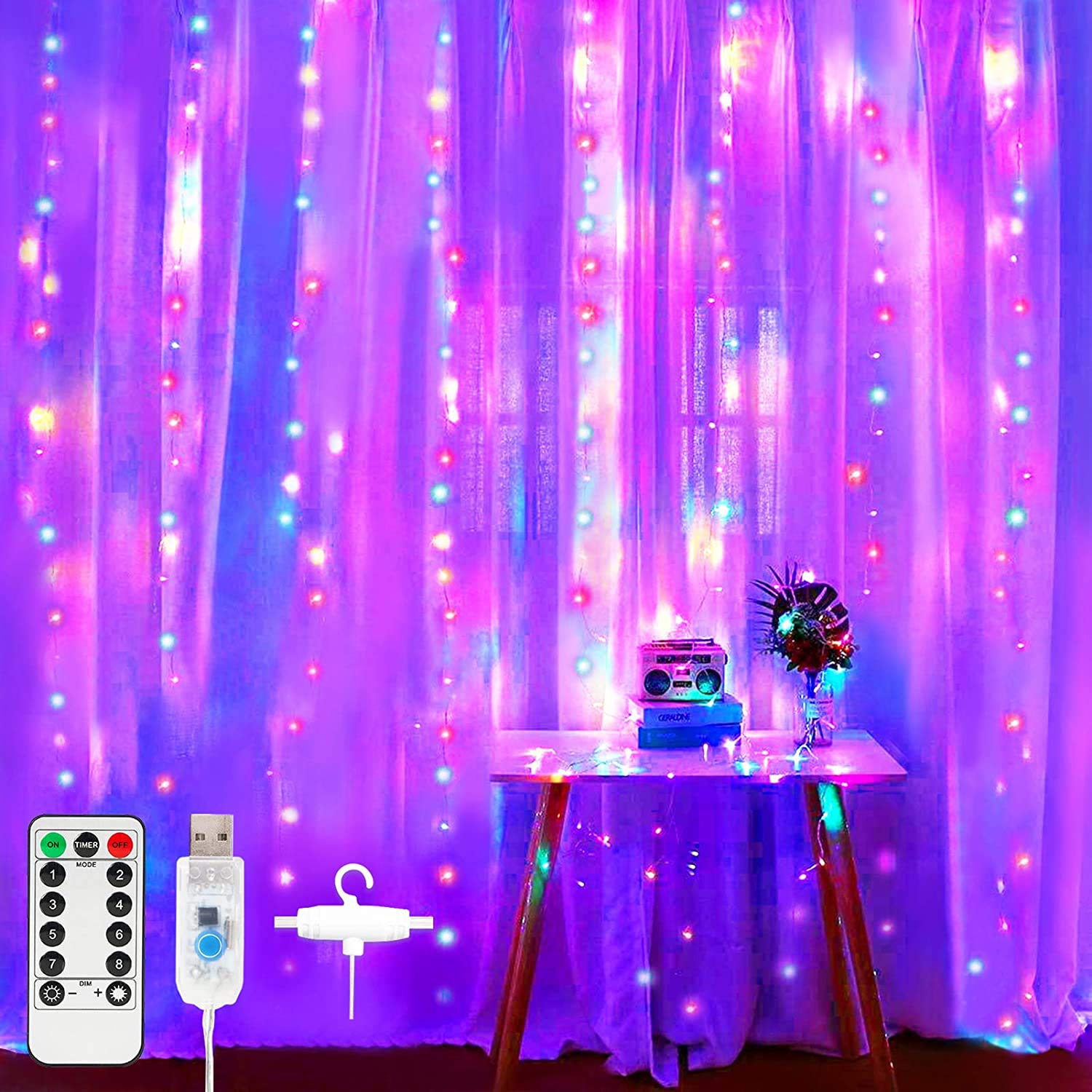 300 LED Curtain String Light With Remote - Multicolor
