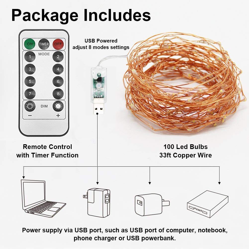 100 LEDs USB Powered String Lights – 10 Meters With Remote ( Warm White )