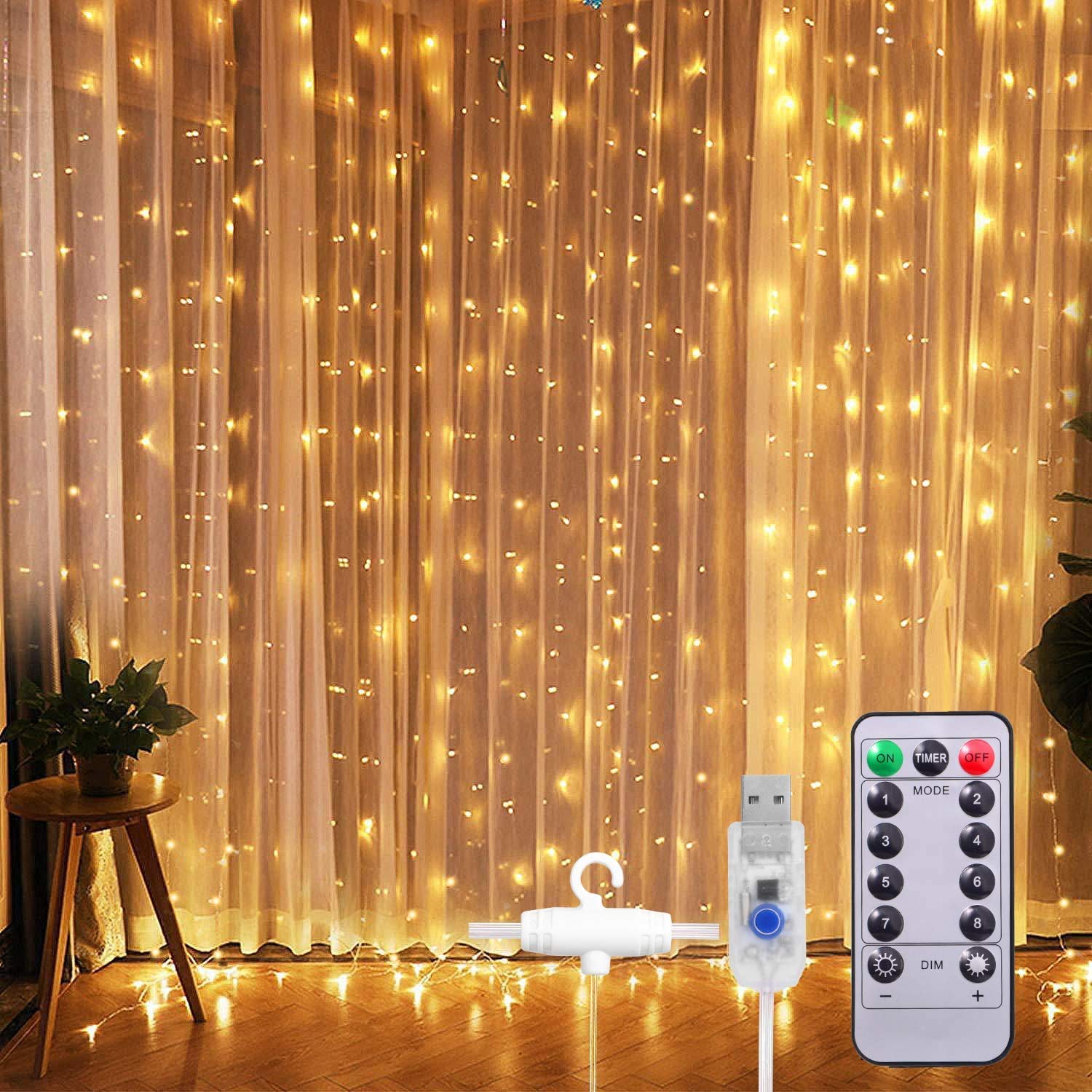 300 LED Curtain String Light With Remote - Warm White