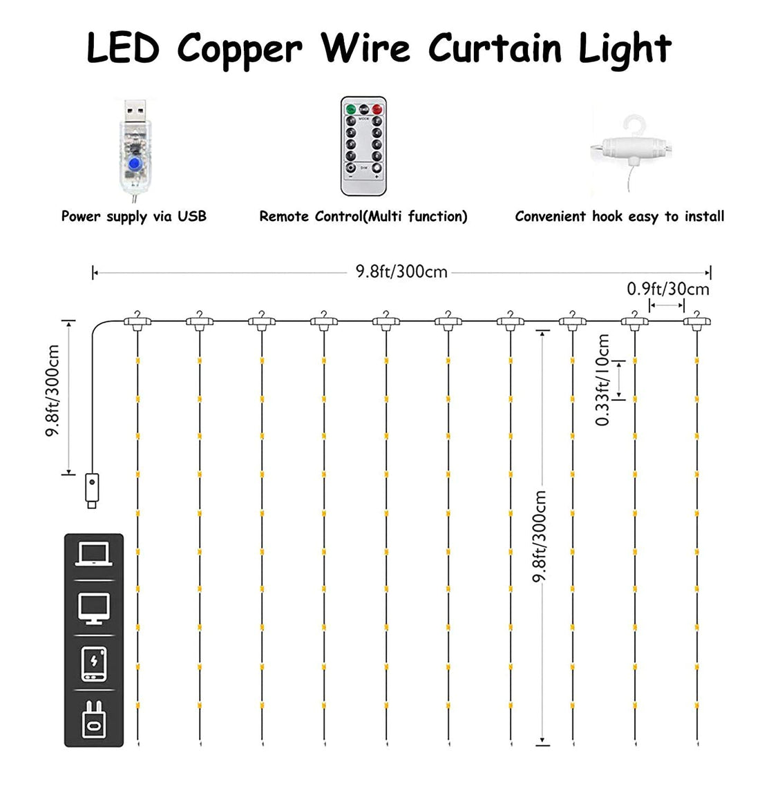 300 LED Curtain String Light With Remote - Warm White