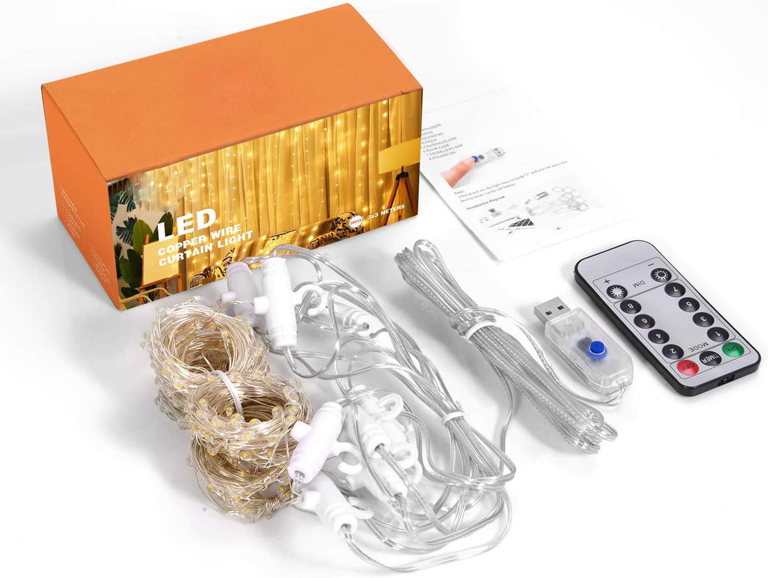 300 LED Curtain String Light With Remote - Warm White