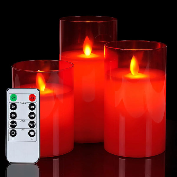 Xergy Red Glass Flameless Candles Battery Operated with Timer, Remote Control, LED Pillar Candles Battery Powered, Wax, D3 H4 5" 6", (Set of 3 , RED)