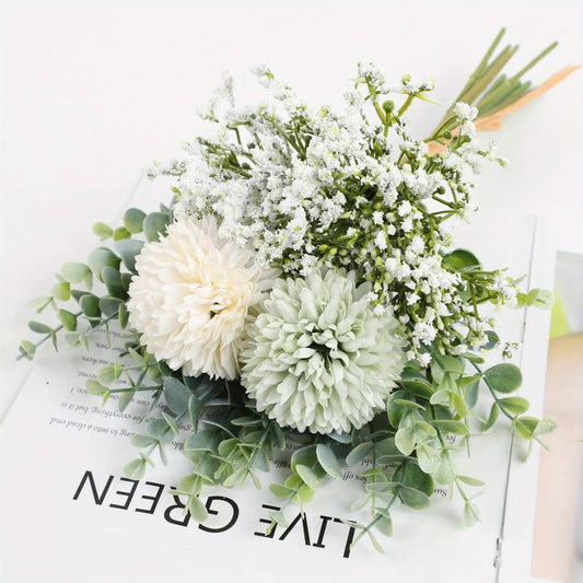 HomeXO Artificial Fake Silk Flower Baby Breath Chrysanthemum Arrangement Faux Wedding Bouquets for Home Office Decoration, Table Centerpiece-(Green&White)