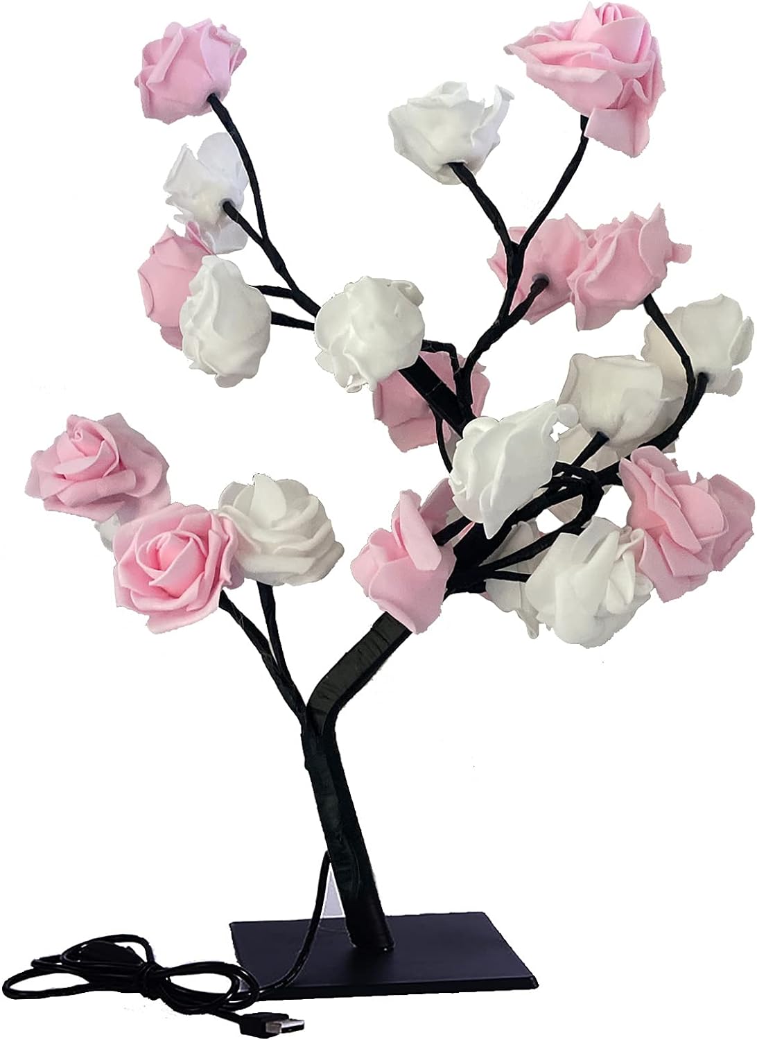 Rose Tree Lamp Tabletop Rose Tree Lights, 24 LED Rose Lamp, Rose Flower Tree USB Operated for Home Wedding Night Light(Pink&White)