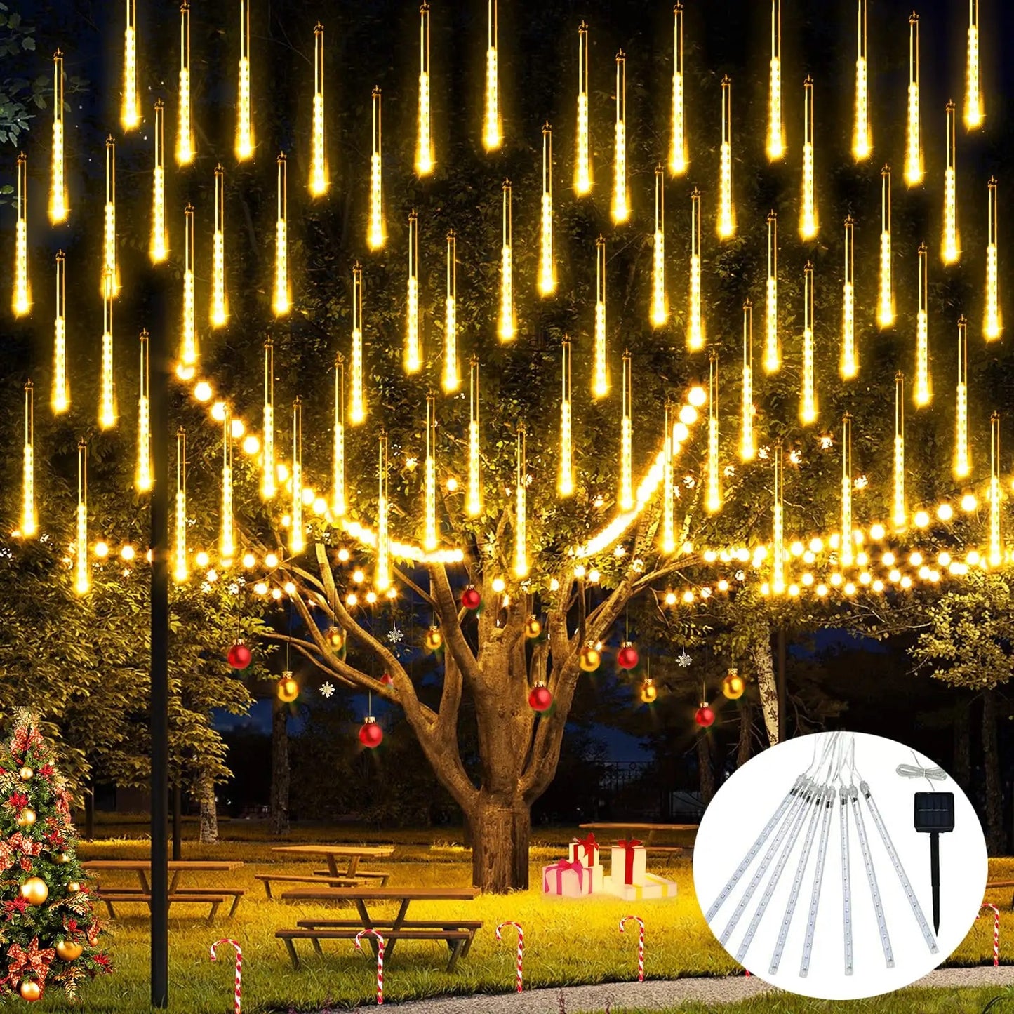 Meteor Shower Lights Solar Powered -14 inch 8 Tubes 192 LED Meteor Lights Warm White