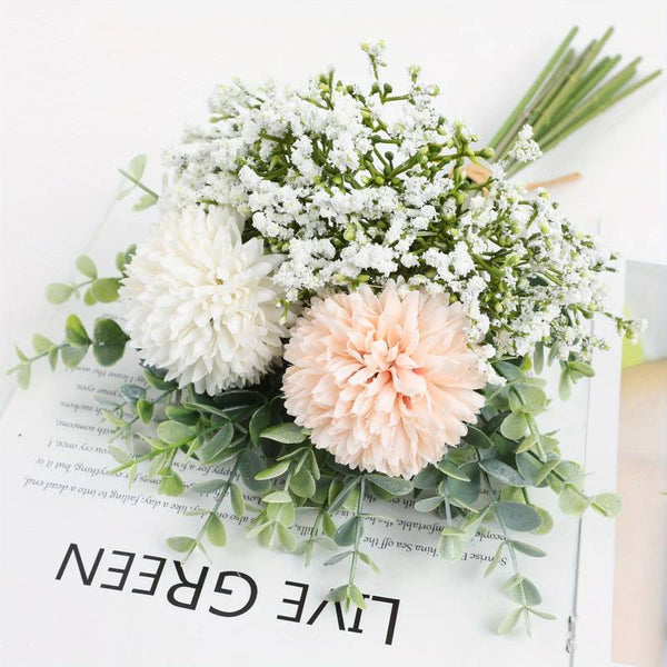 HomeXO Artificial Fake Silk Flower Baby Breath Chrysanthemum Arrangement Faux Wedding Bouquets for Home Office Decoration, Table Centerpiece-(Creme&White)