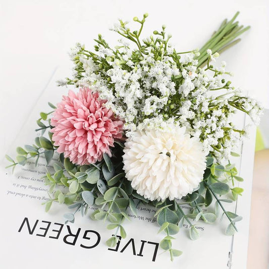 HomeXO Artificial Fake Silk Flower Baby Breath Chrysanthemum Arrangement Faux Wedding Bouquets for Home Office Decoration, Table Centerpiece-(Pink&White)