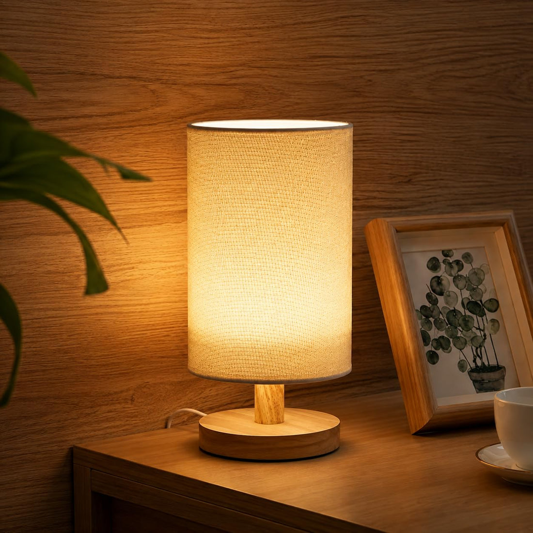 USB Powered Wooden Base Table Lamp with Jute Fabric Shade