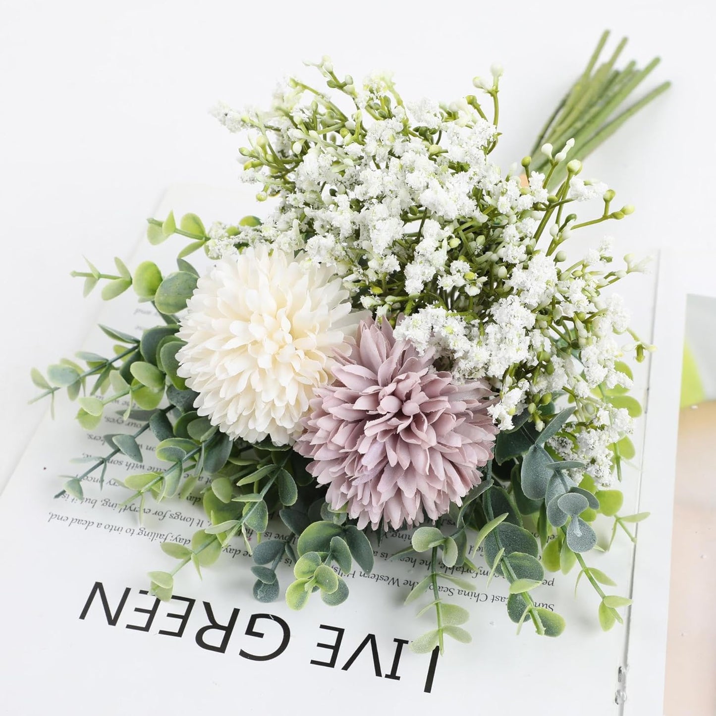 HomeXO Artificial Fake Silk Flower Baby Breath Chrysanthemum Arrangement Faux Wedding Bouquets for Home Office Decoration, Table Centerpiece (Purple&White)