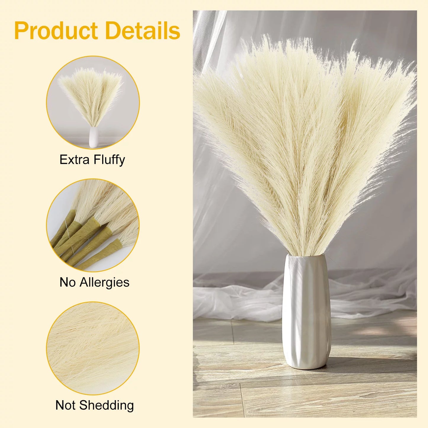 HomeXO Pampas Grass 3 PCS 17"  Boho Home Decor Fake Pompas Floral Branches Fluffy Artificial Pompous Grass for Floor Vase Filler Wedding Bedroom Table Decoration (Dusty White)