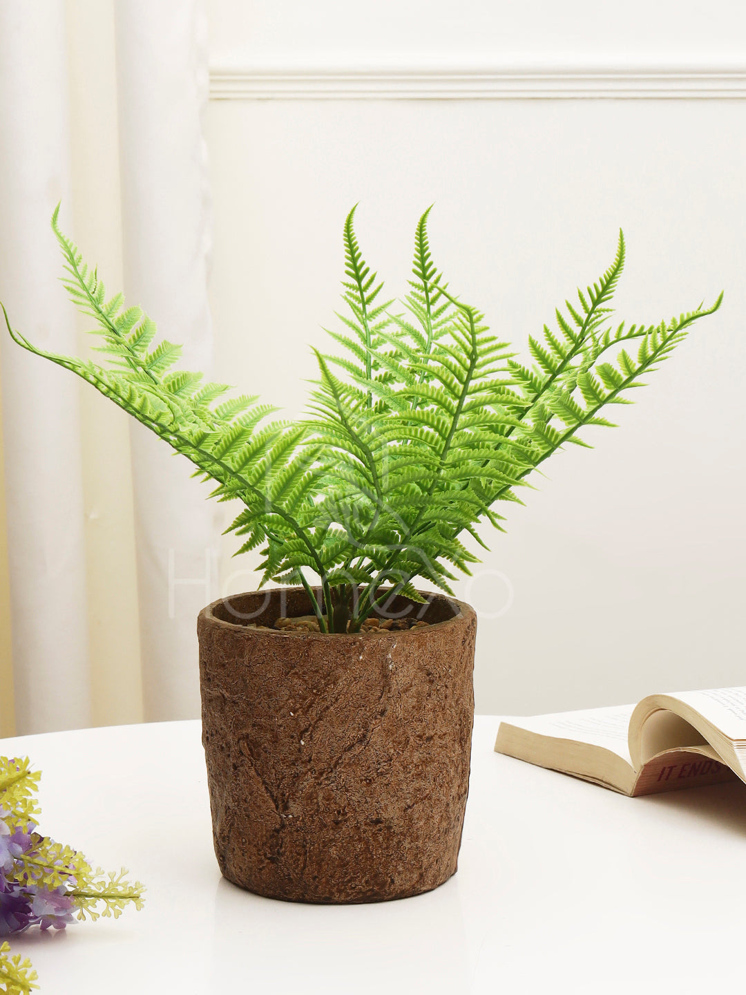 HomeXO "Artificial Stonepot Fern Plant, Elevating Home Balcony and Garden Areas with Rustic Charm and Maintenance-Free Elegance