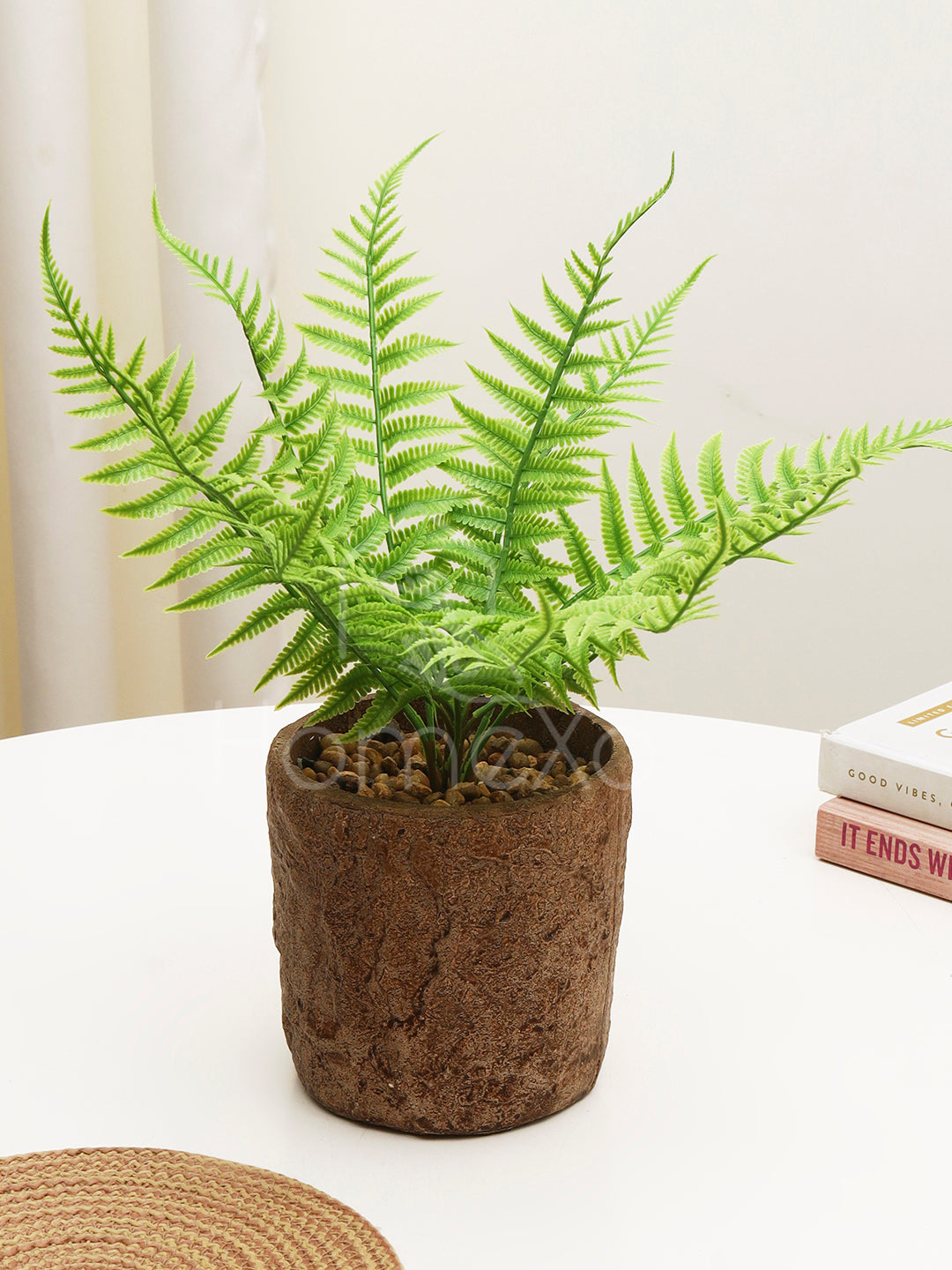 HomeXO "Artificial Stonepot Fern Plant, Elevating Home Balcony and Garden Areas with Rustic Charm and Maintenance-Free Elegance