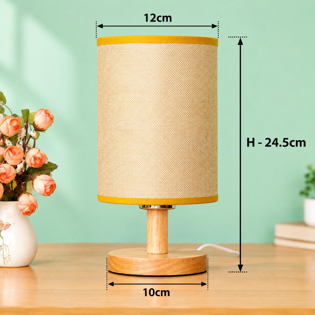 USB Powered Wooden Base Table Lamp with Jute Fabric Shade