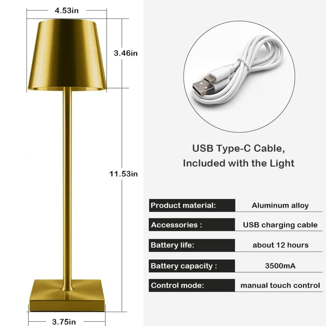 Portable Metal Desk Lamp With Touch Control ( 11.5 inch , Gold )