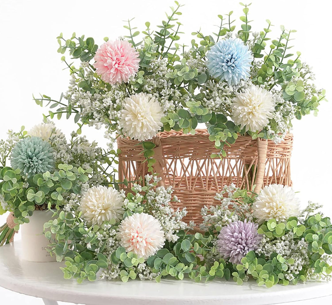 Artificial Fake Silk Flower Arrangement - Green & White (14 inch, Pack of 12, Flower Bunch)
