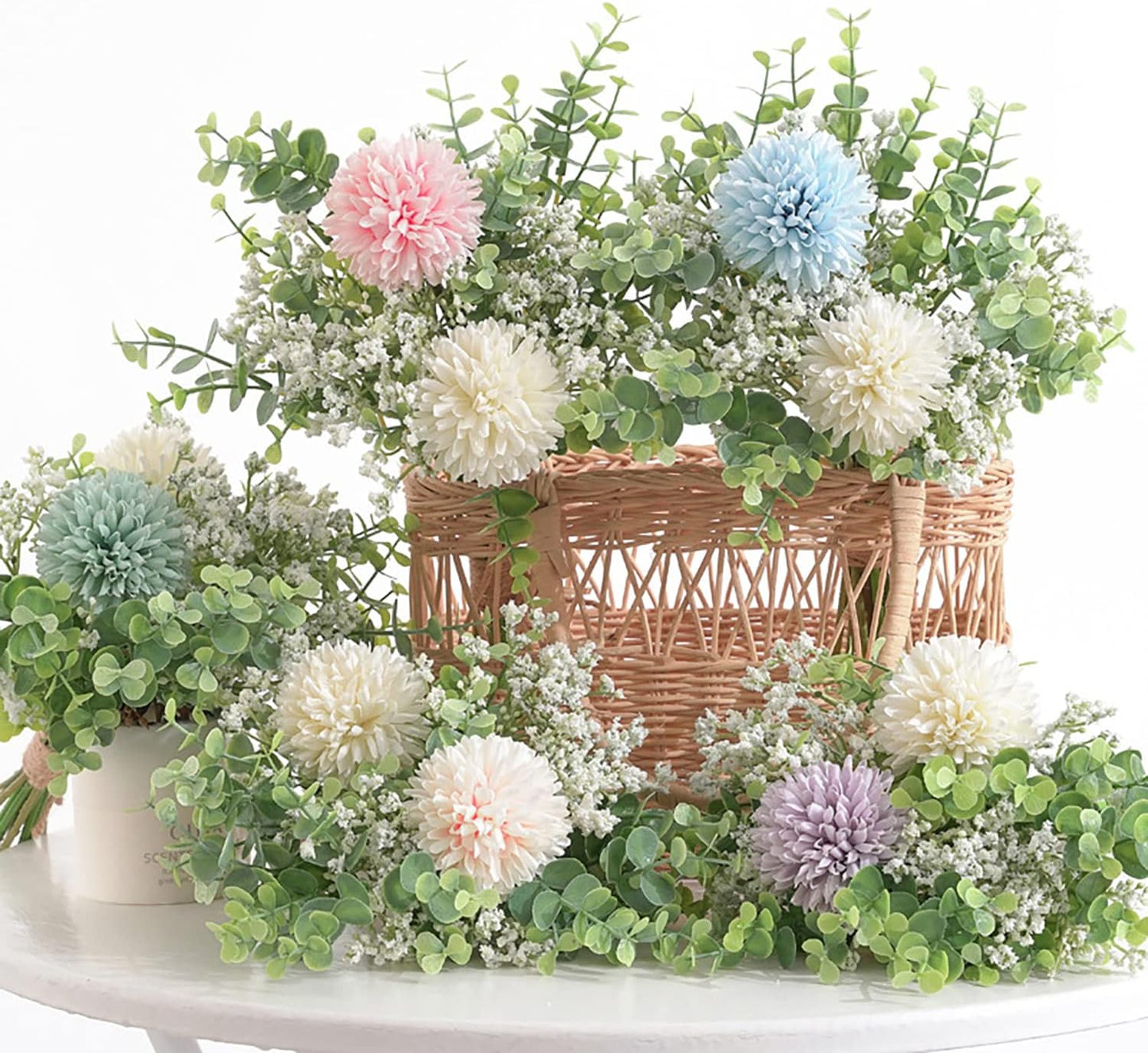 HomeXO Artificial Fake Silk Flower Baby Breath Chrysanthemum Arrangement Faux Wedding Bouquets for Home Office Decoration, Table Centerpiece-(Green&White)