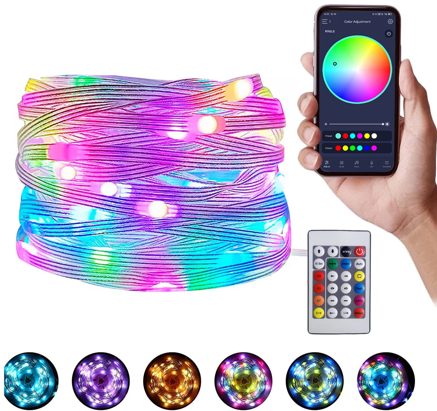 XERGY RGB USB Twinkle Smart Fairy Light String 5 Meter White Wire Music Bluetooth Mesh APP IR Remote DIY Control Sync Color Chasing IP65 Multicolor