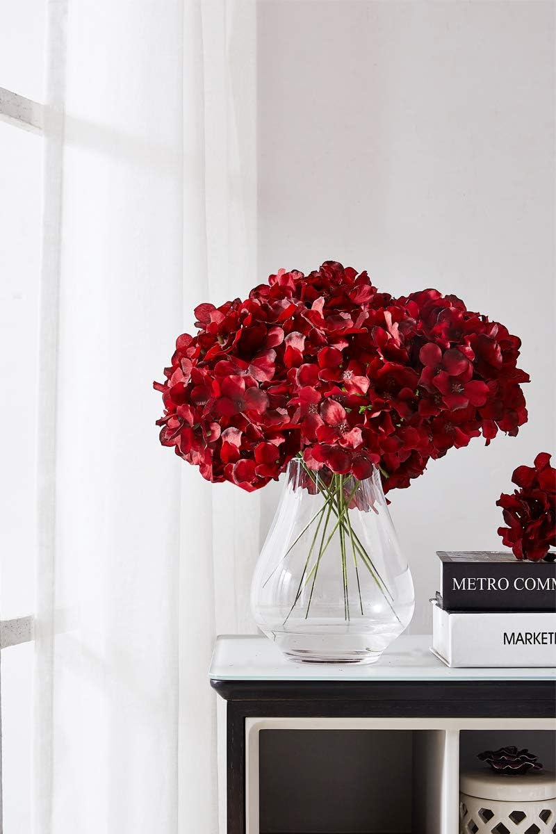 Artificial Real Touch Faux Hydrangea Flower - Red (13 inch, Pack of 3, Flower Bunch)