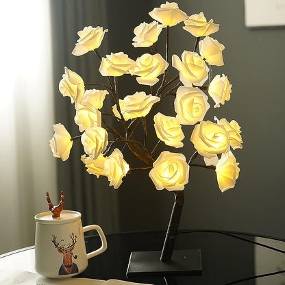 Rose Tree Lamp Tabletop Rose Tree Lights, 24 LED Rose Lamp, Rose Flower Tree USB Operated for Home Wedding Night Light(Pink&White)