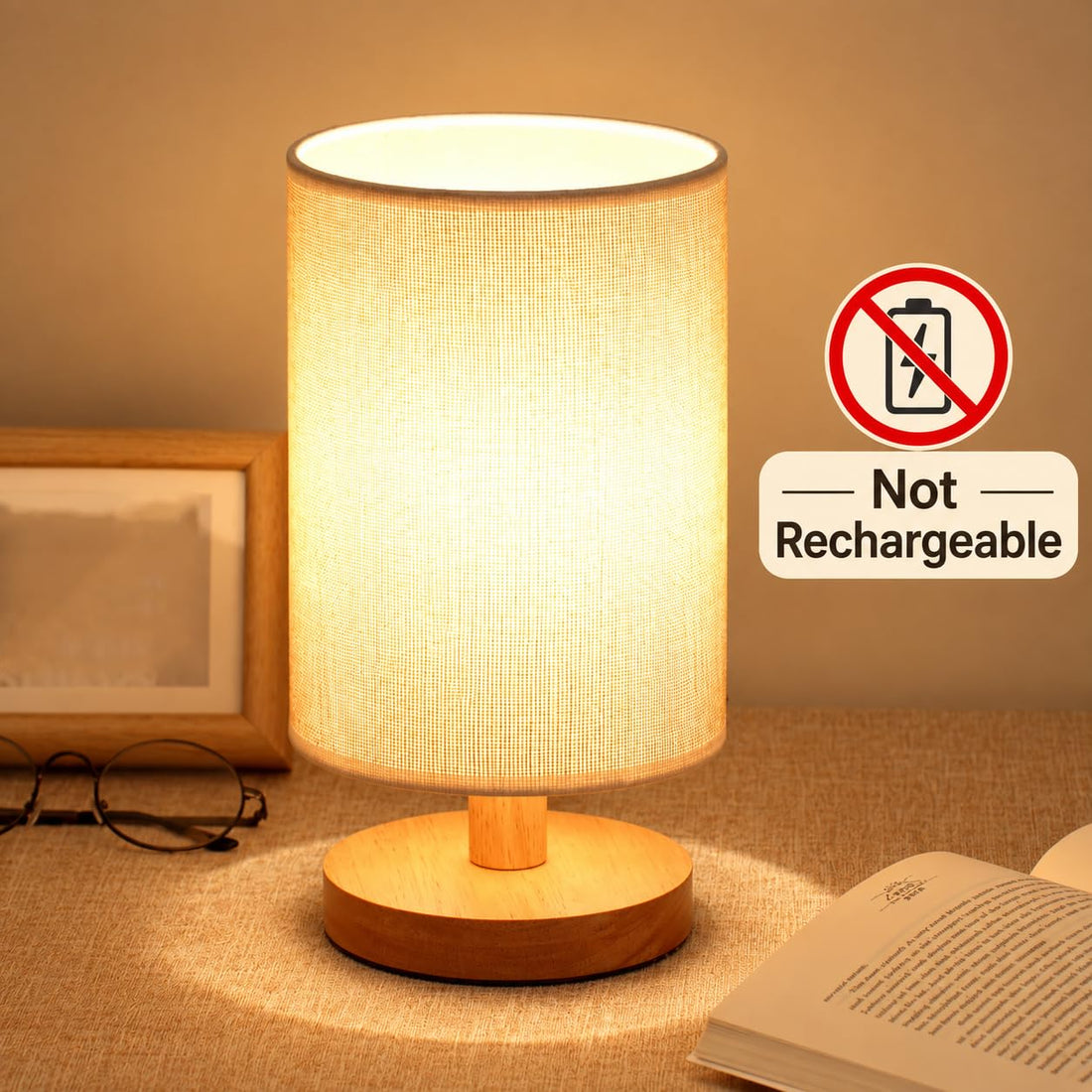 USB Powered Wooden Base Table Lamp with Jute Fabric Shade
