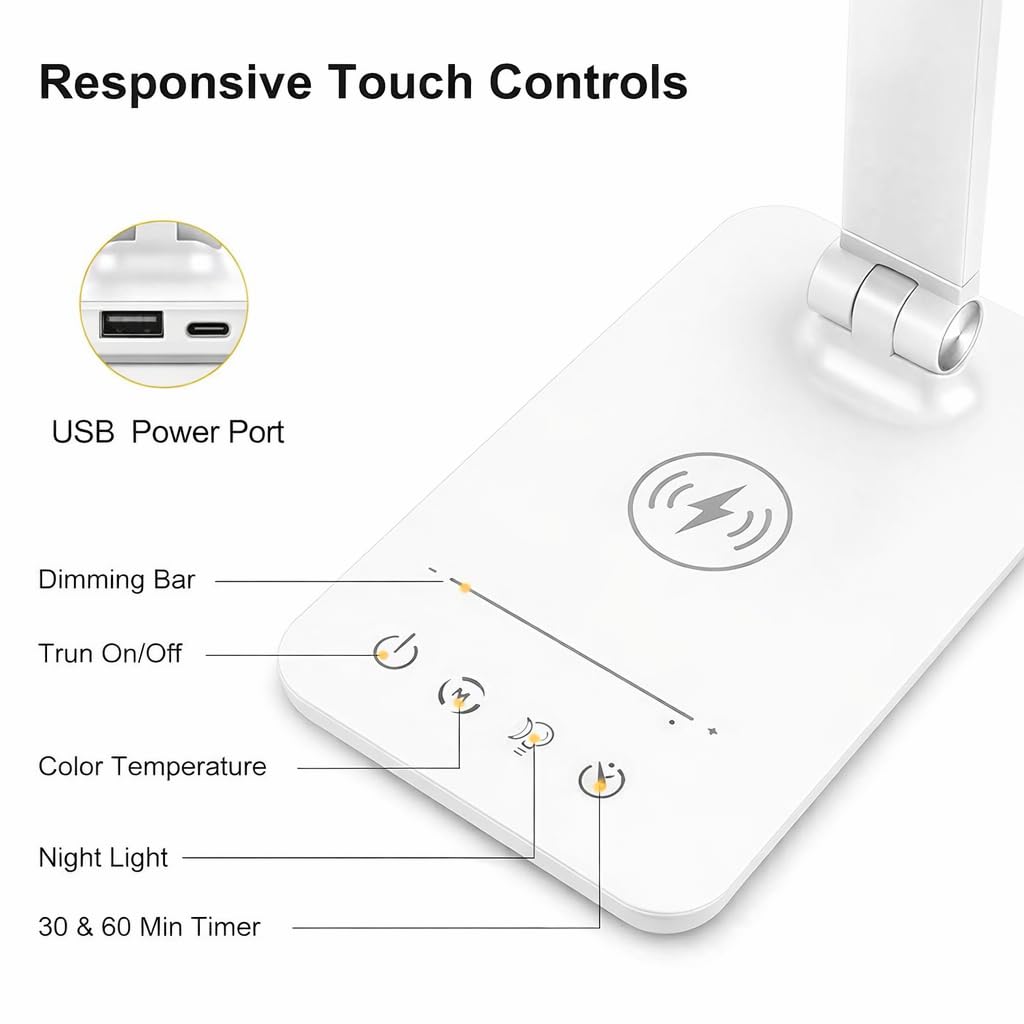 LED Aluminum Desk Lamp with QI Wireless Charging - White