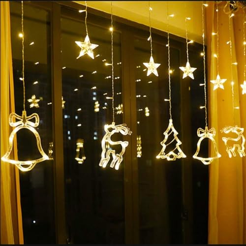 138 LED Star Jingle Bell, Elk, Xmas Tree Mix Curtain Lights- 3 Mtr ( Warm White )