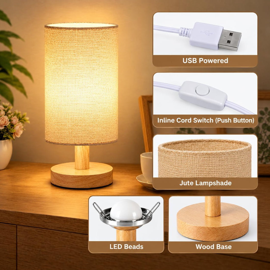 USB Powered Wooden Base Table Lamp with Jute Fabric Shade