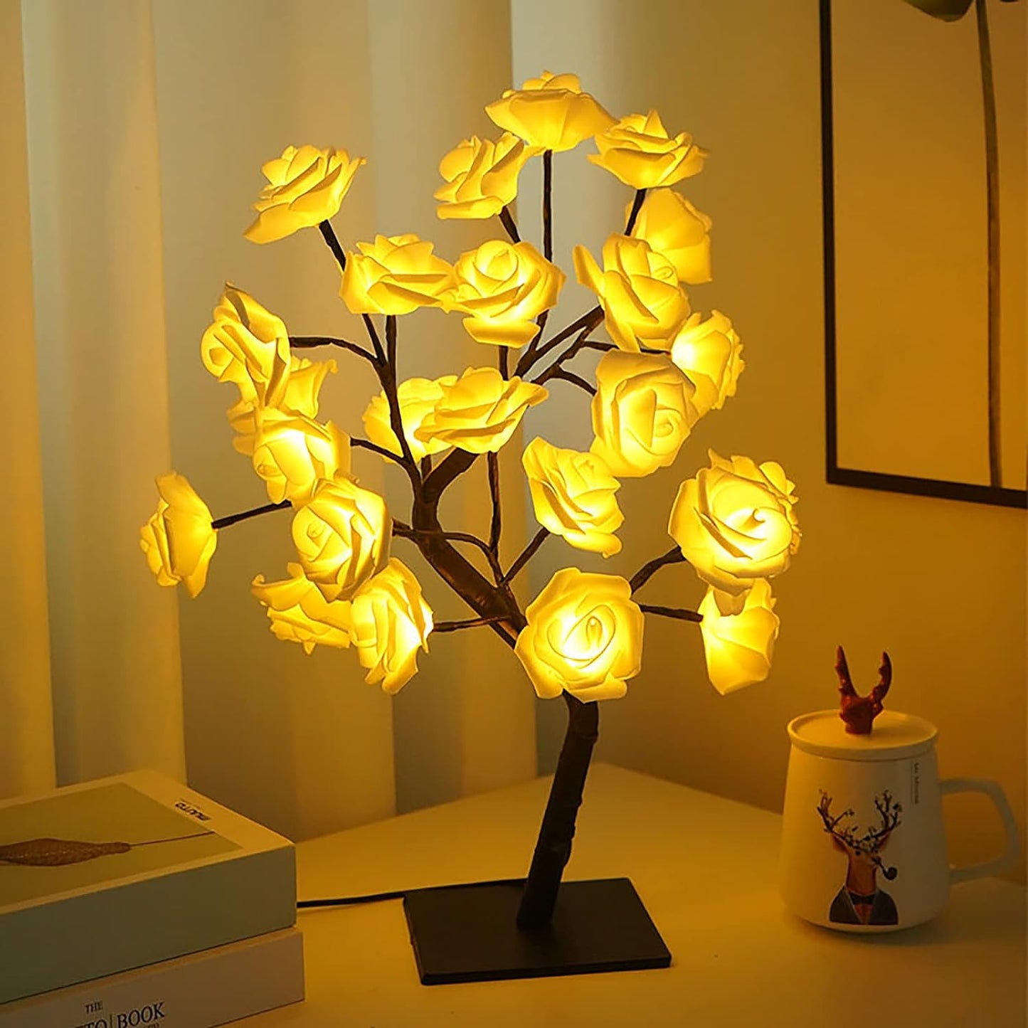 Rose Tree Lamp Tabletop Rose Tree Lights, 24 LED Rose Lamp, Rose Flower Tree USB Operated for Home Wedding Night Light(Pink&White)