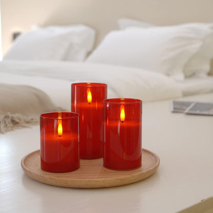 Xergy Red Glass Flameless Candles Battery Operated with Timer, Remote Control, LED Pillar Candles Battery Powered, Wax, D3 H4 5" 6", (Set of 3 , RED)