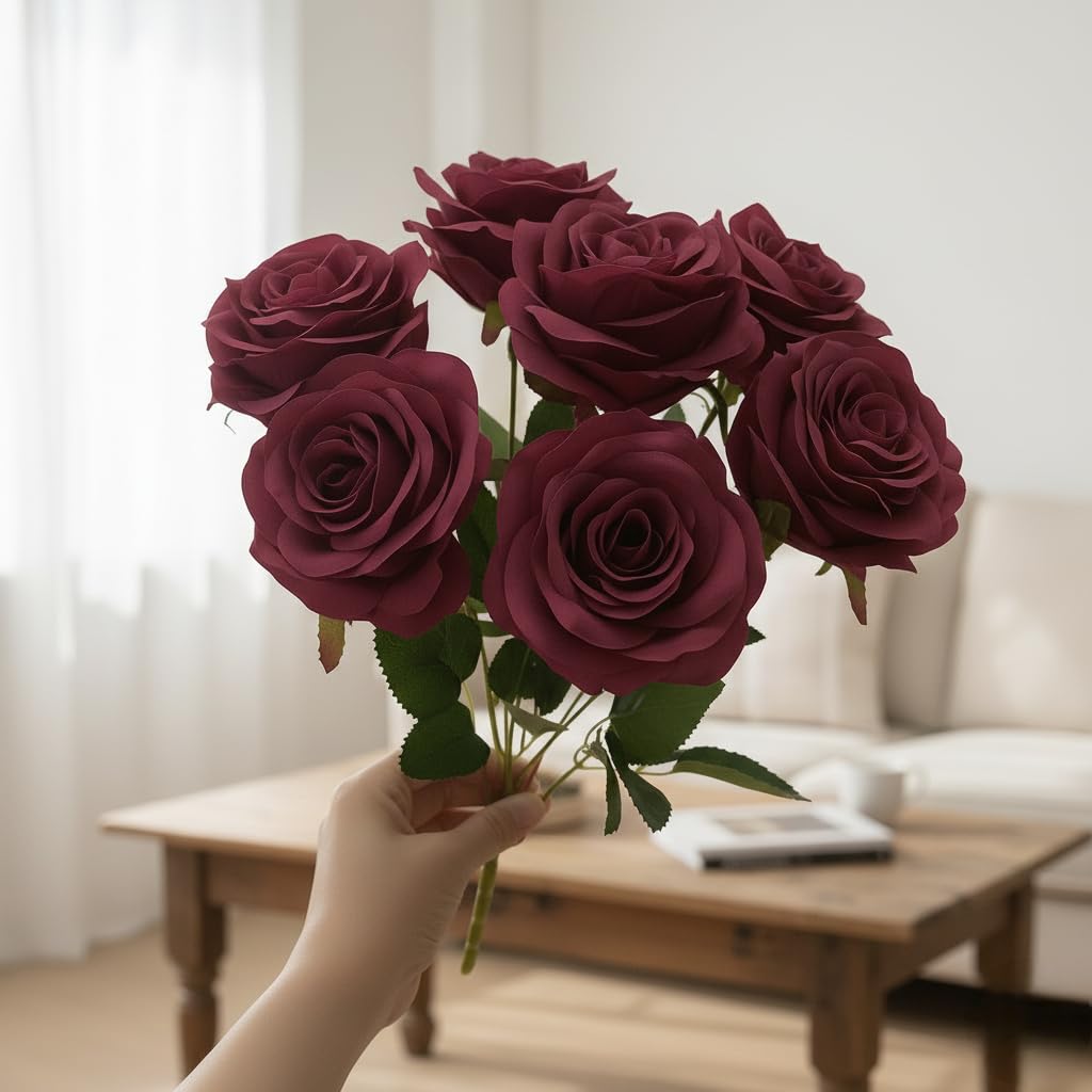 Artificial Rose Bouquet – 7 Soft Silk Roses With Green Leaves