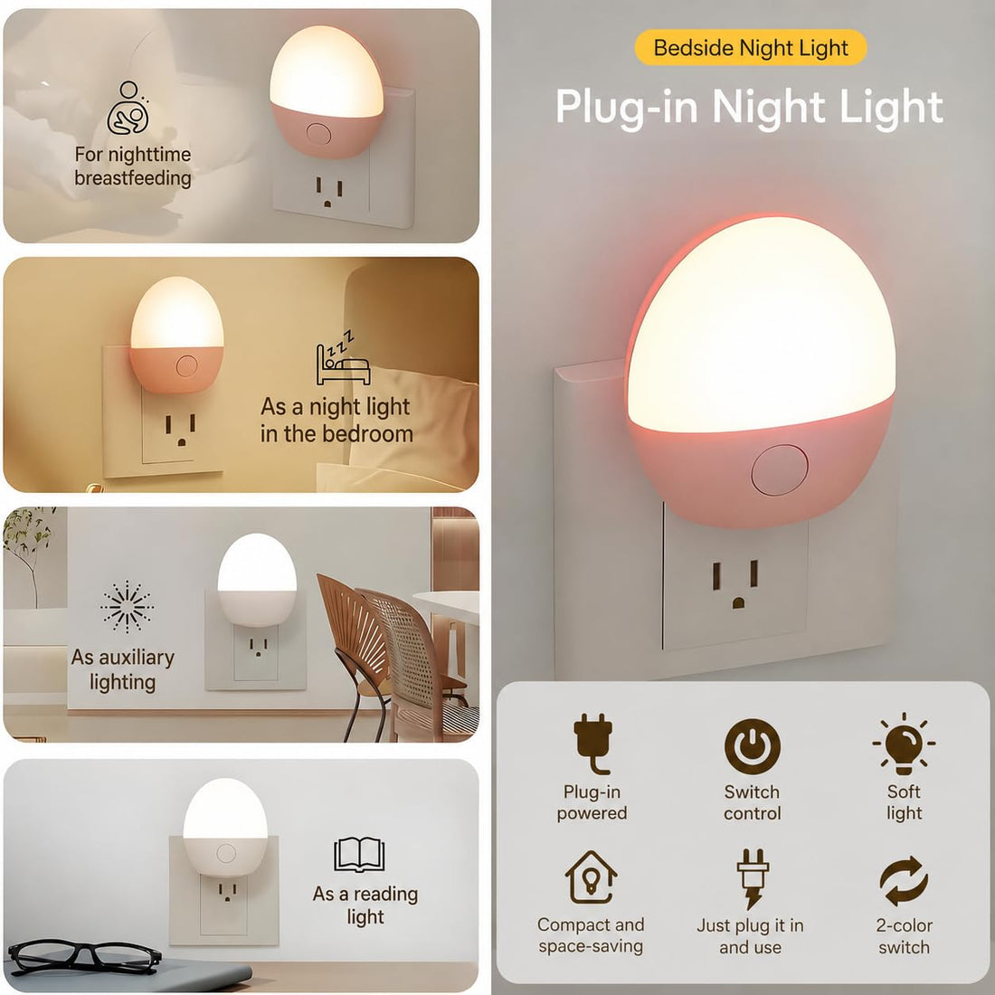 Plug-in LED Night Light Pink/White (Pack of 2)