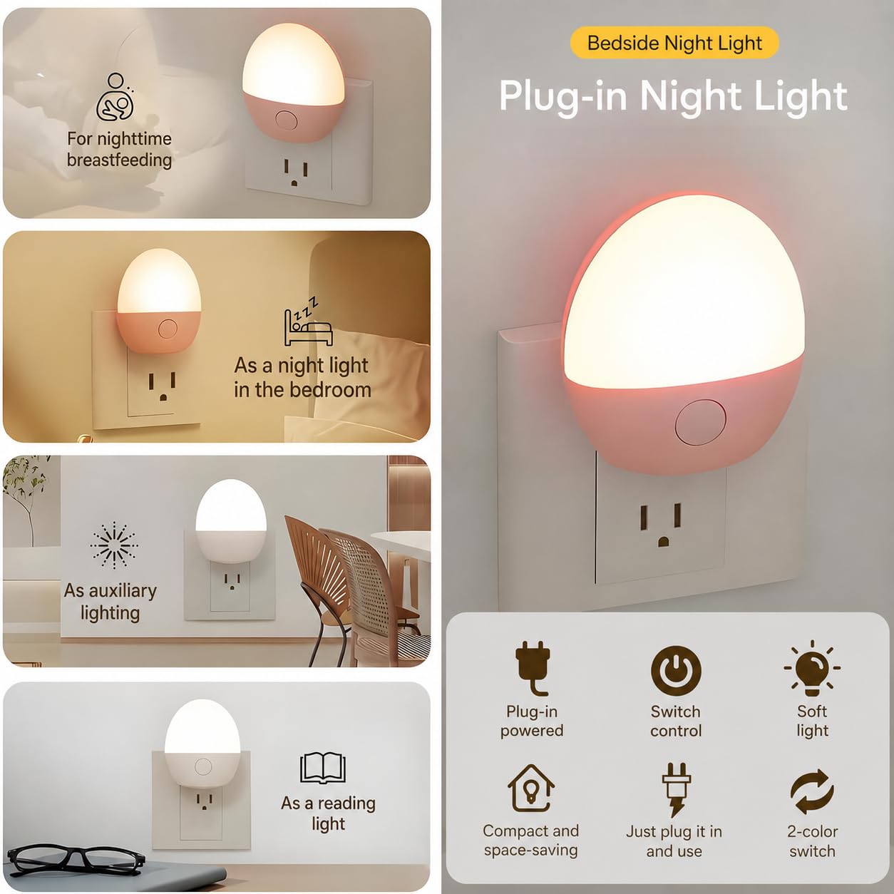 Plug-in LED Night Light Pink/White (Pack of 2)