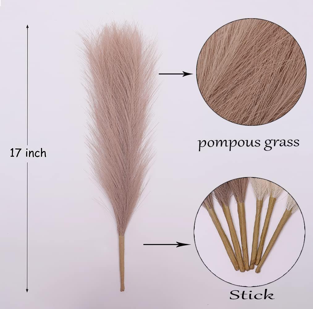 Fluffy Artificial Pampas Grass Flower - Brown (17 inch , Pack of 3, Flower Bunch)