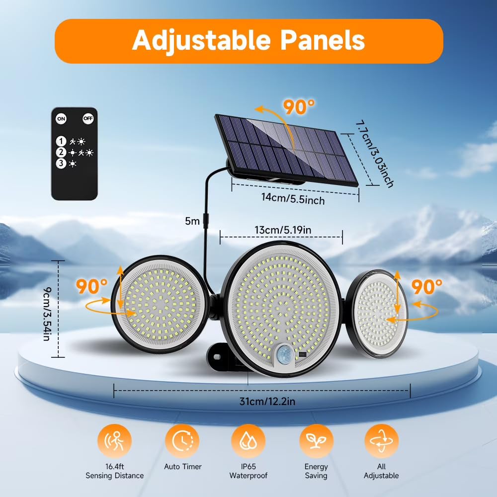 Solar Powered 3 Head Outdoor Flood Light
