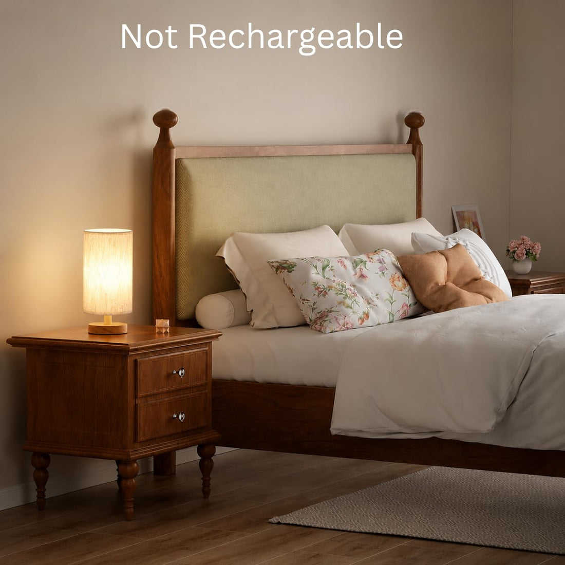 USB Powered Wooden Base Table Lamp with Linen Fabric Shade