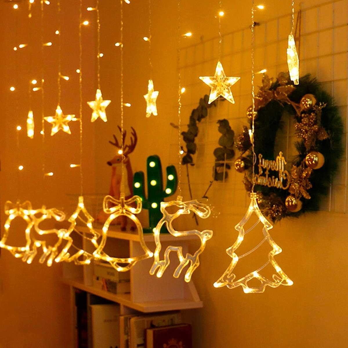 138 LED Star Jingle Bell, Elk, Xmas Tree Mix Curtain Lights- 3 Mtr ( Warm White )