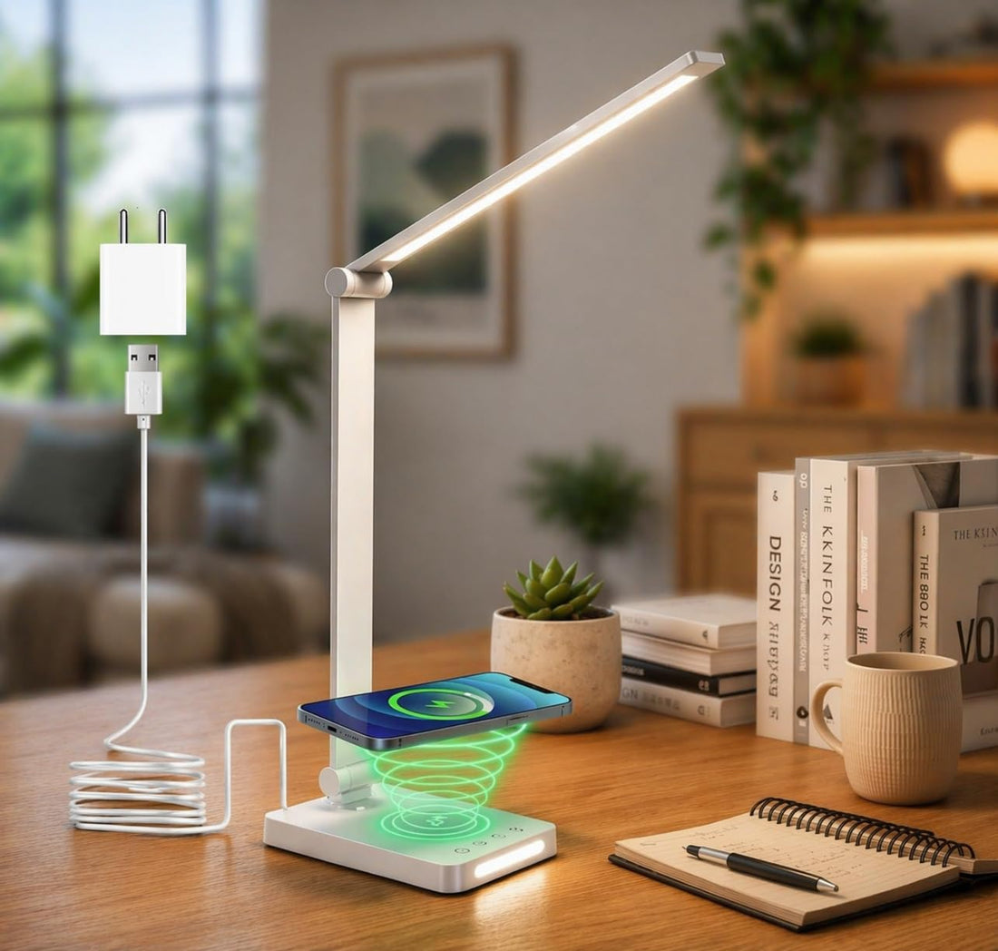 LED Aluminum Desk Lamp with QI Wireless Charging - White
