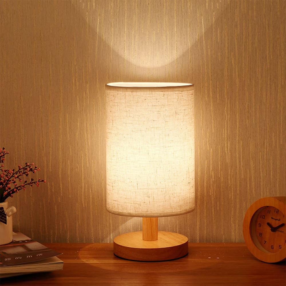 USB Powered Wooden Base Table Lamp with Linen Fabric Shade