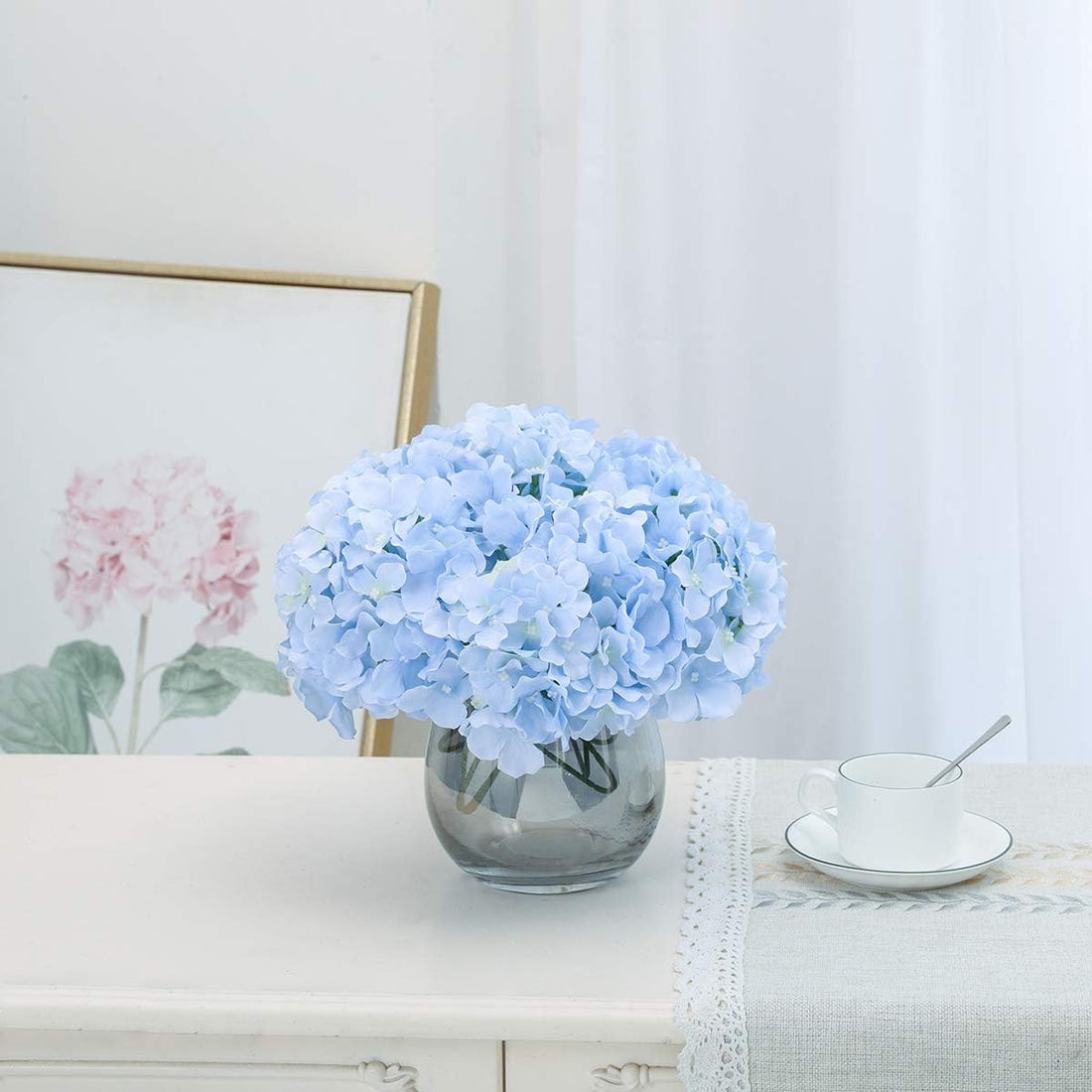 Artificial Real Touch Faux Hydrangea Flower - Light Blue (13 inch, Pack of 3 Flower Bunch)