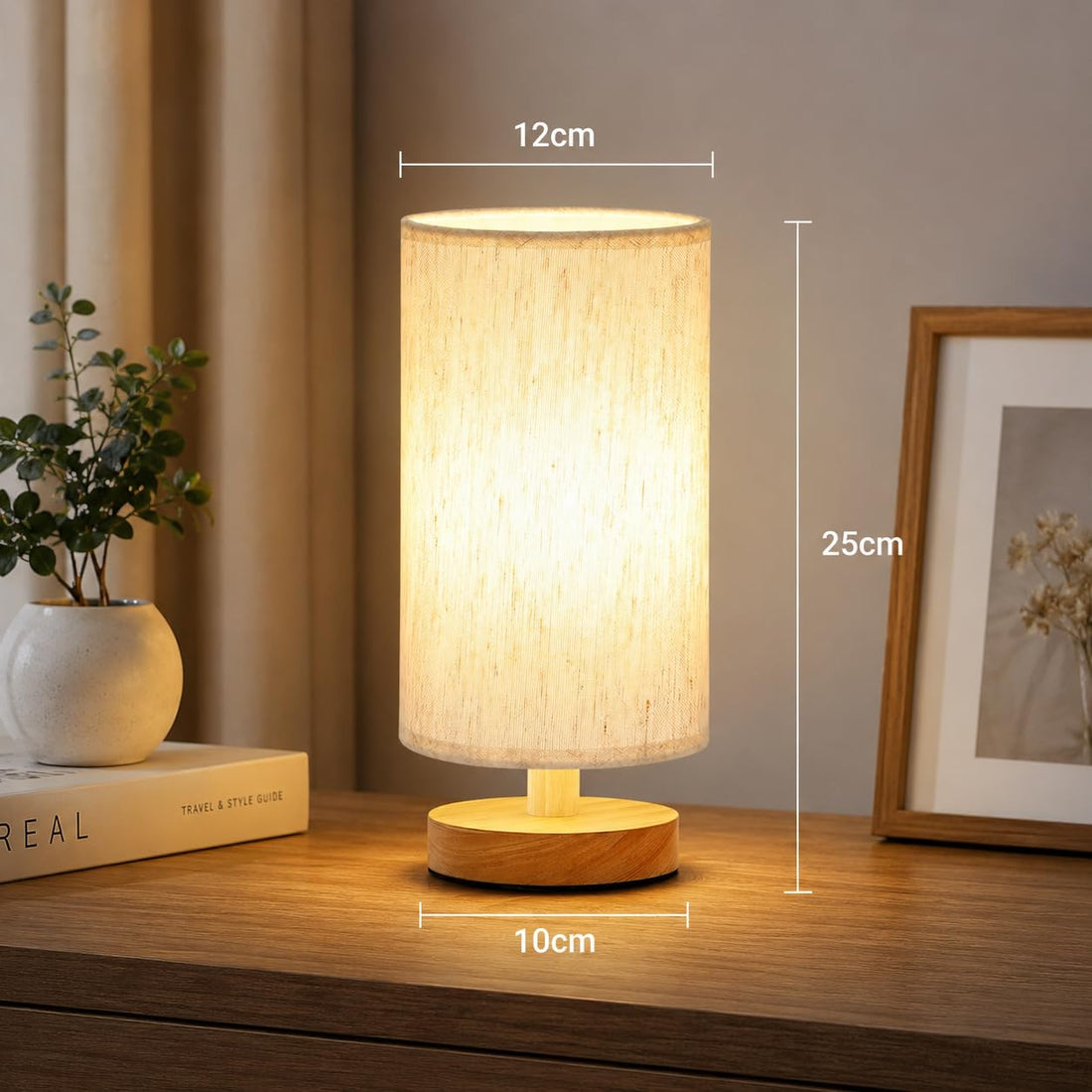 USB Powered Wooden Base Table Lamp with Linen Fabric Shade
