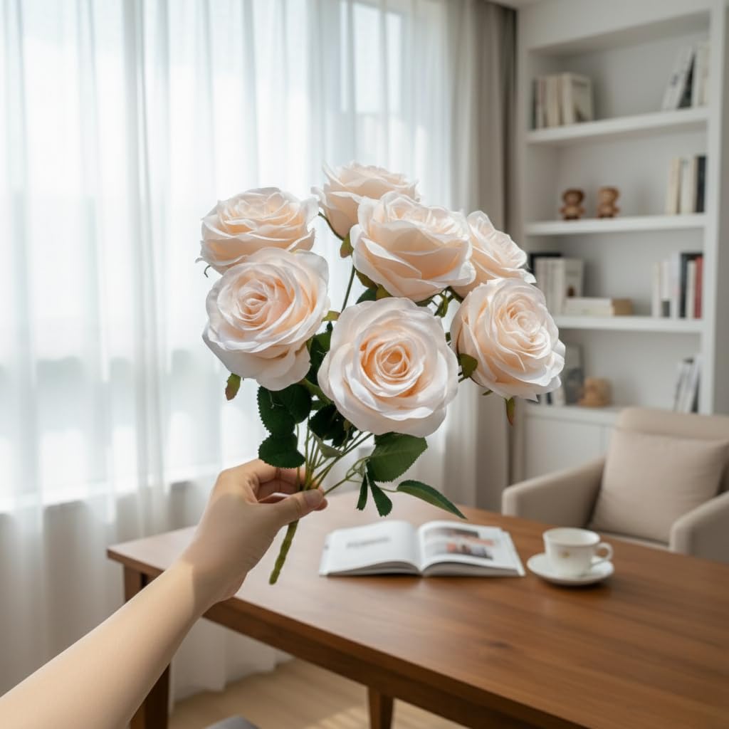 Artificial Rose Bouquet – 7 Soft Silk Roses With Green Leaves