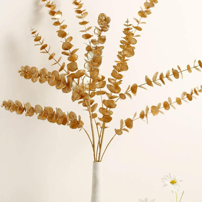 HomeXO Artificial Golden Plants Decoration Faux Gold Eucalyptus Height 30" 03 Bunches for Indoor Outdoor Home Party Wedding Table Centerpiece DIY Decoration  -(03Pcs-Gold)