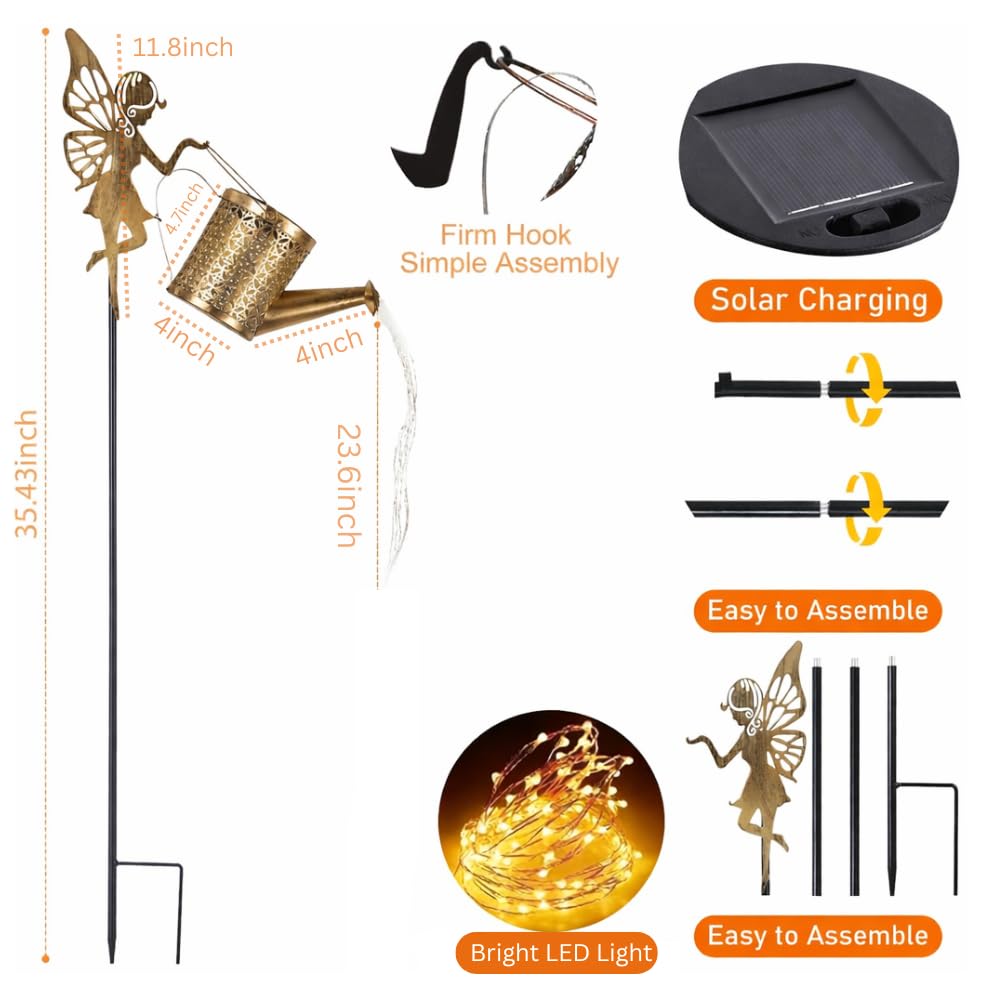 Solar Metal Fairy Watering Can Garden Light With Angel Stand