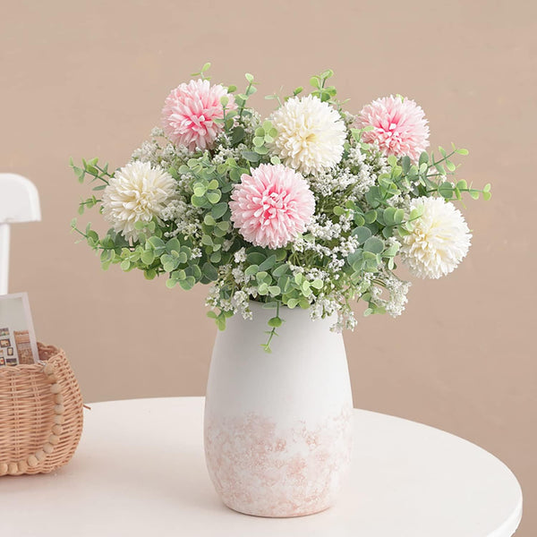 HomeXO Artificial Fake Silk Flower Baby Breath Chrysanthemum Arrangement Faux Wedding Bouquets for Home Office Decoration, Table Centerpiece-(Pink&White)