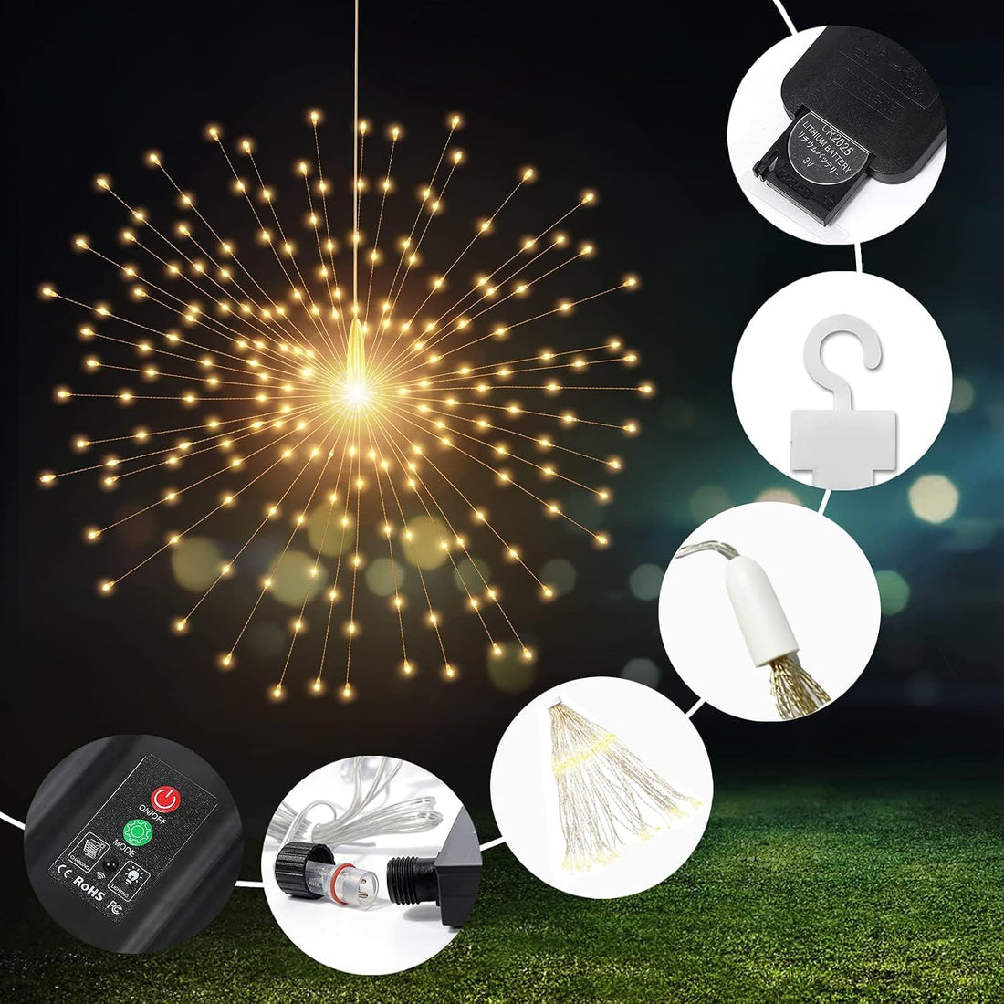 Solar Powered Starburst 4 Tube 360 LED String Light With Remote