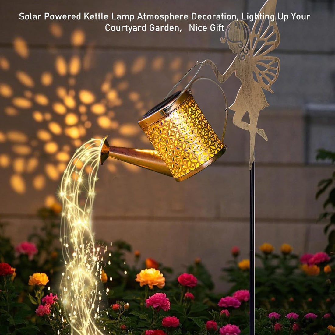Solar Metal Fairy Watering Can Garden Light With Angel Stand