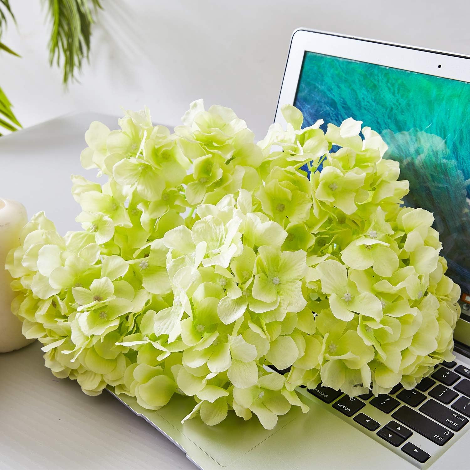 Silk Hydrangea Artificial Flowers - Green (13 inch, Pack of 3, Flower Bunch)
