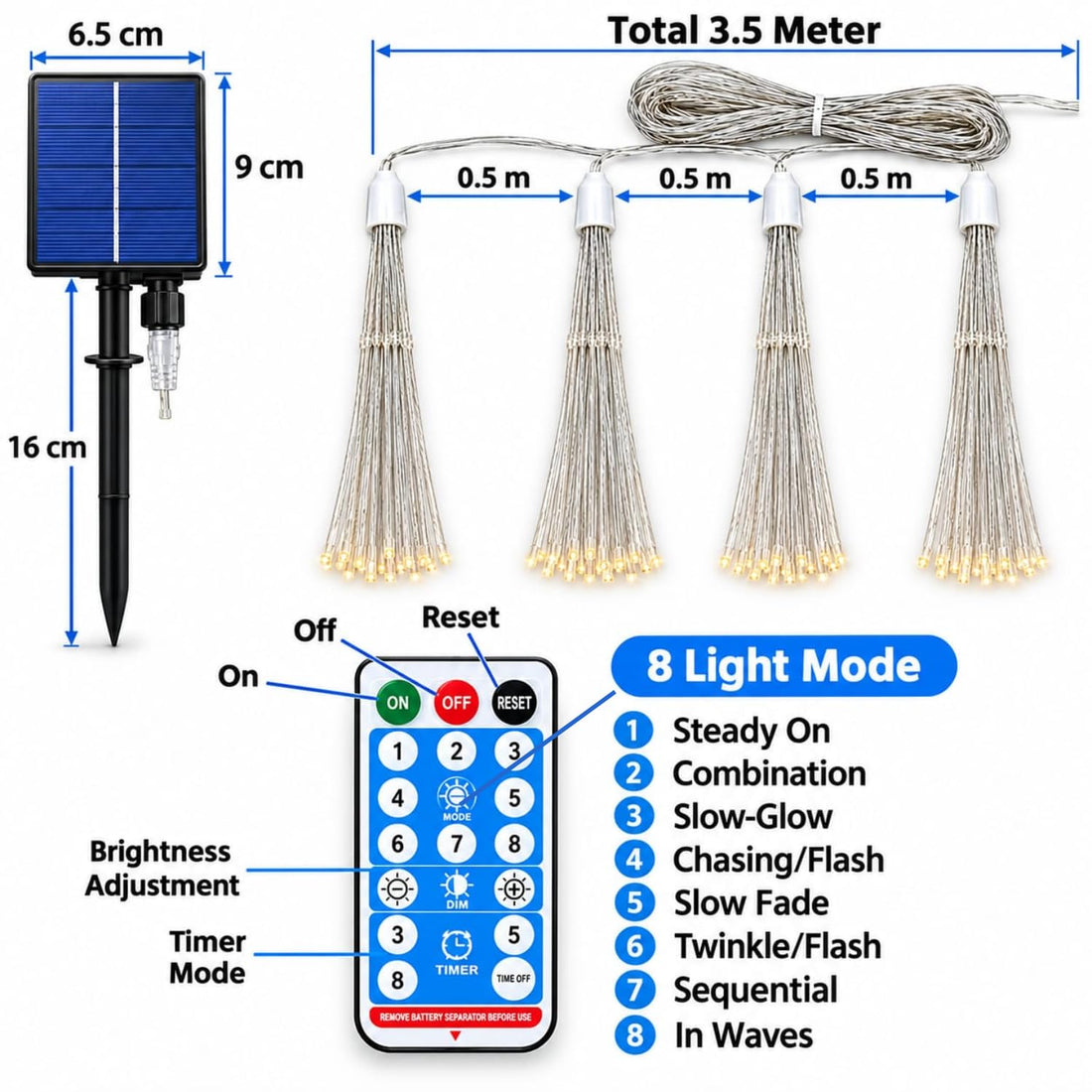 Solar Powered Starburst 4 Tube 360 LED String Light With Remote